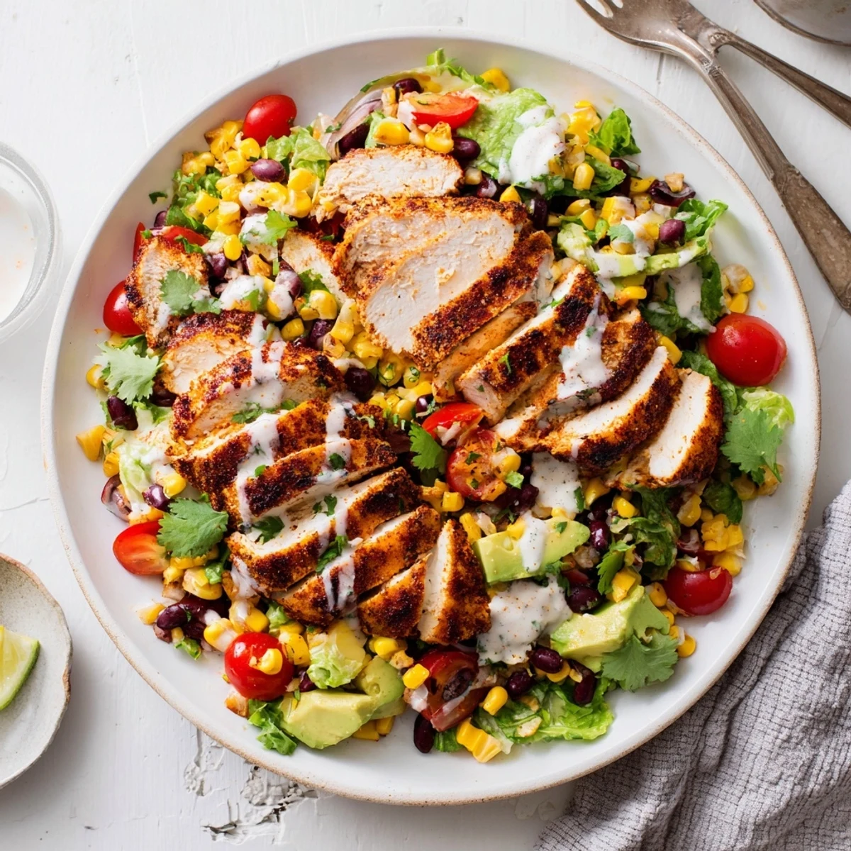 Hearty Southwestern Chicken Salad on rustic plate, crisp greens, tangy dressing.