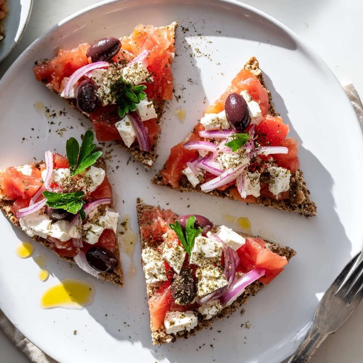 Crispy Cretan feta rusks topped with juicy tomatoes and crumbled cheese