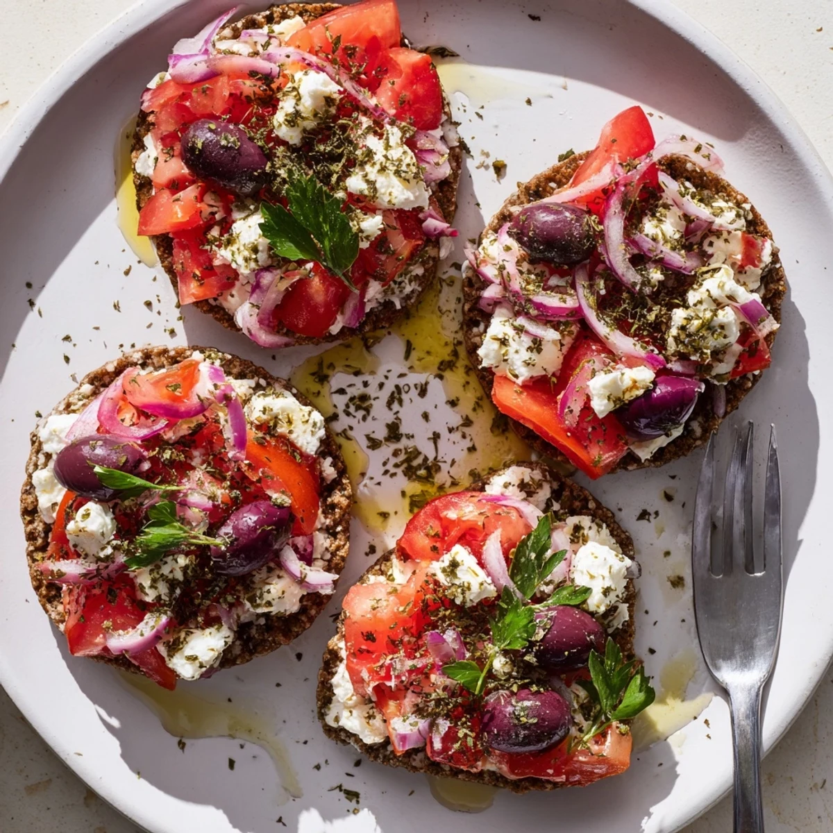 Golden barley rusks loaded with creamy feta and fragrant dried oregano