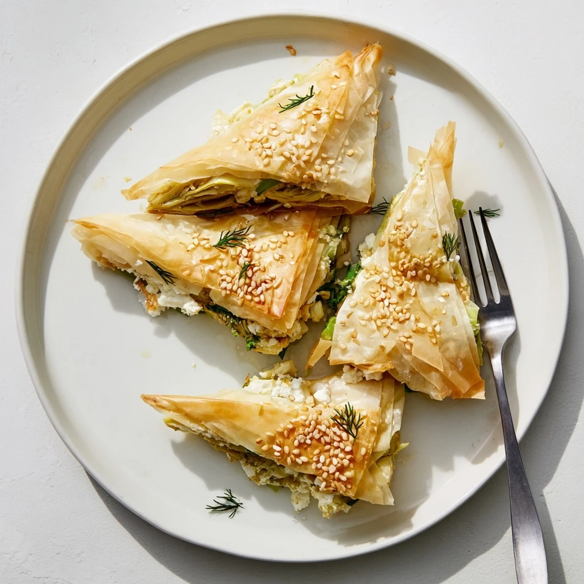 Flaky filo triangles stuffed with melted Graviera cheese and tender artichoke hearts arranged on a platter