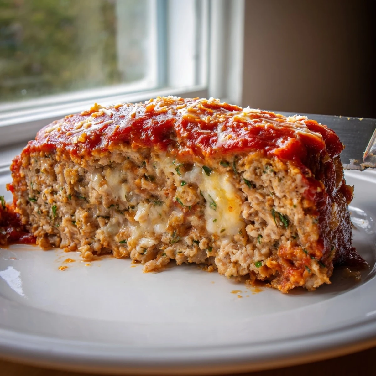 Golden Parmesan chicken meatloaf sliced and drizzled with rich marinara sauce on a rustic plate