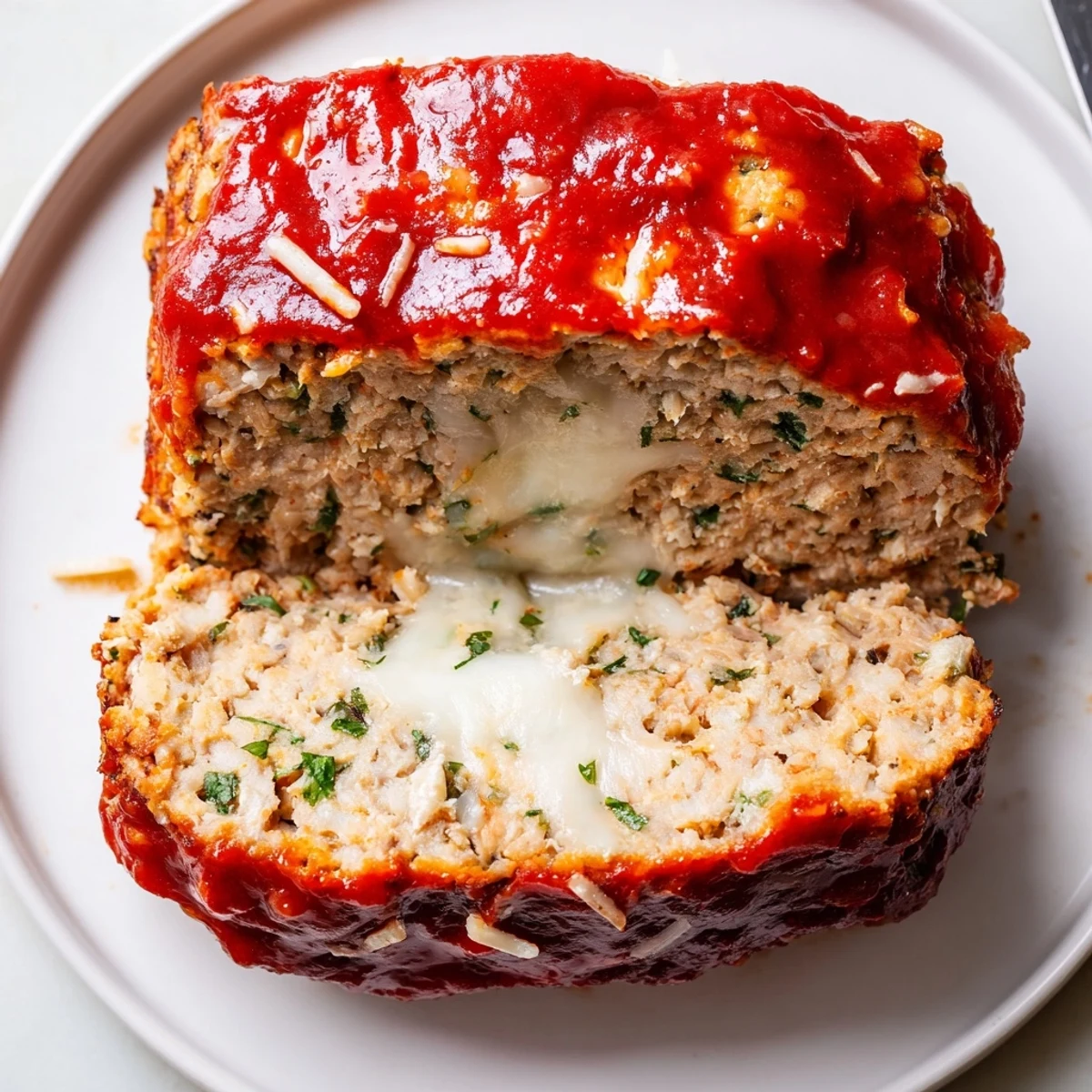 Juicy Parmesan chicken meatloaf topped with melted mozzarella and fresh parsley garnish