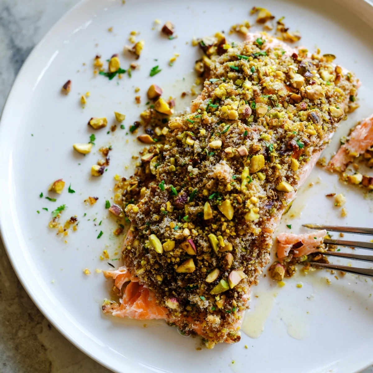 Golden maple pistachio salmon fillet fresh from the oven on a white plate