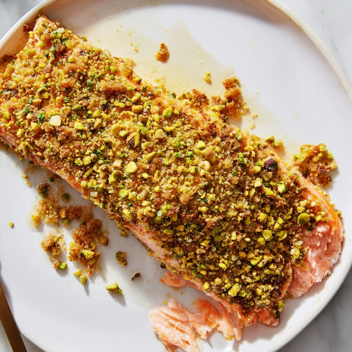 Maple pistachio salmon with a glistening amber glaze and crunchy golden nut crust
