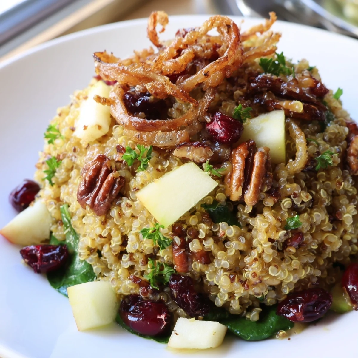 Fluffy quinoa tossed with crisp diced apples and cranberries in honey mustard dressing