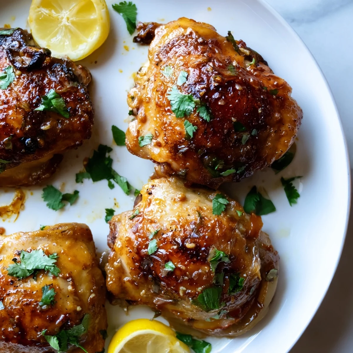 Golden ginger garlic chicken thighs with crispy skin over caramelized onions