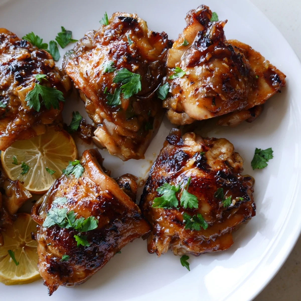 Juicy ginger garlic chicken thigh bake garnished with fresh cilantro and lemon