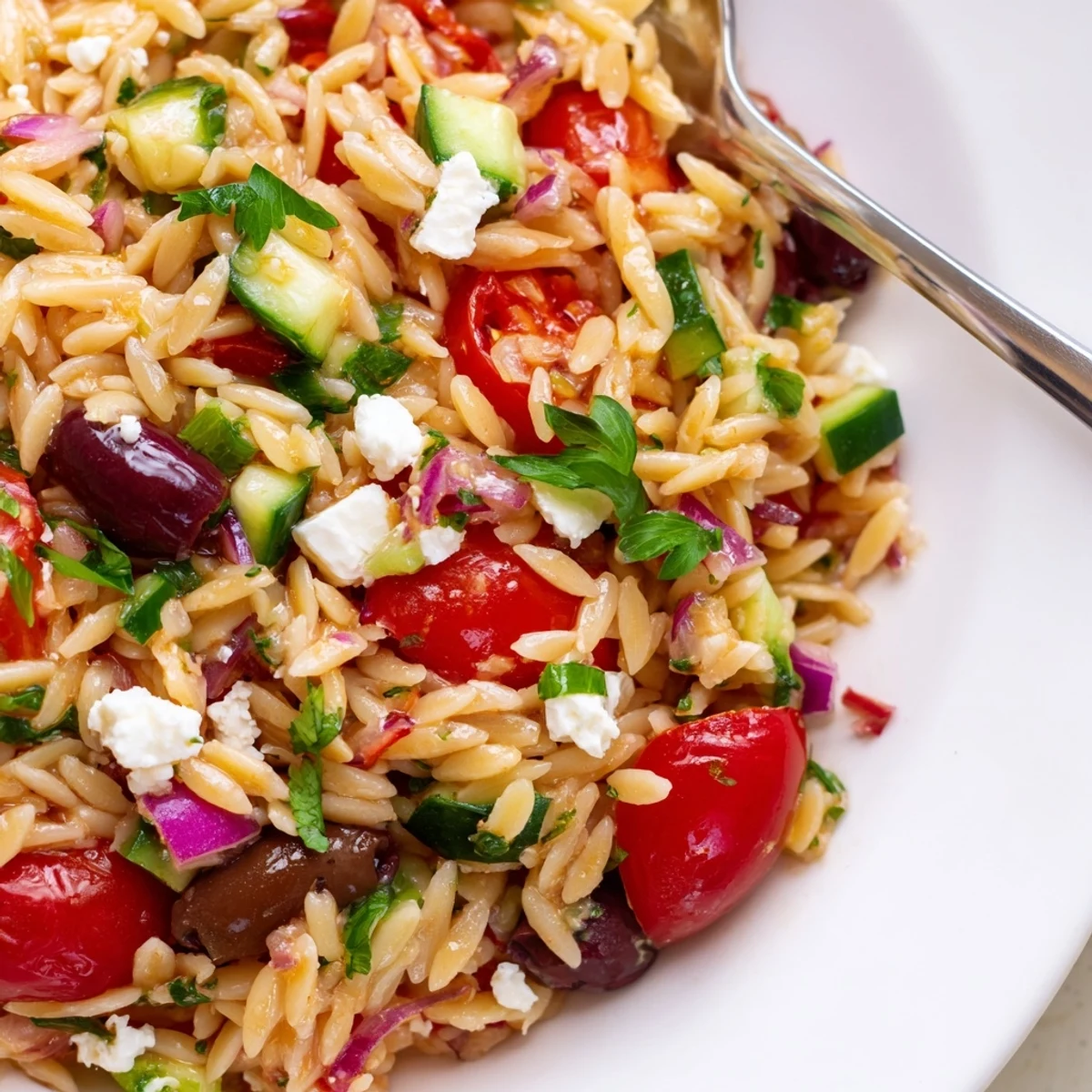 Juicy Mediterranean orzo pasta salad loaded with colorful vegetables, olives, and tangy feta