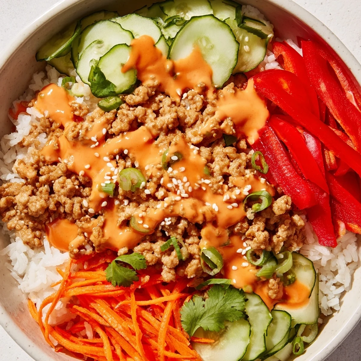 Spicy ground turkey rice bowls drizzled with creamy Bang Bang sauce and crisp vegetables