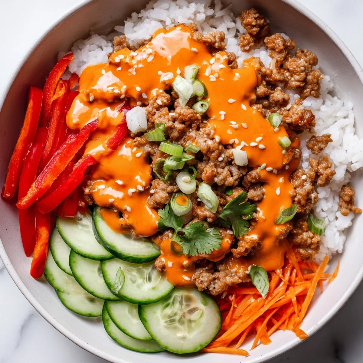 Seasoned ground turkey rice bowls topped with vibrant crunchy vegetables and spicy mayo swirl