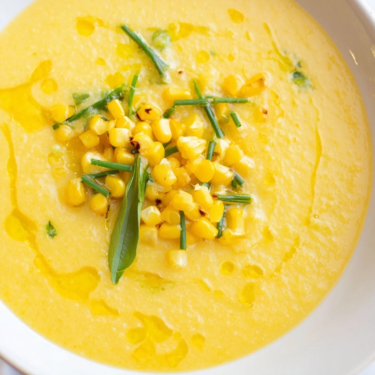 Chilled summer sweet corn gazpacho in a bowl with a drizzle of olive oil