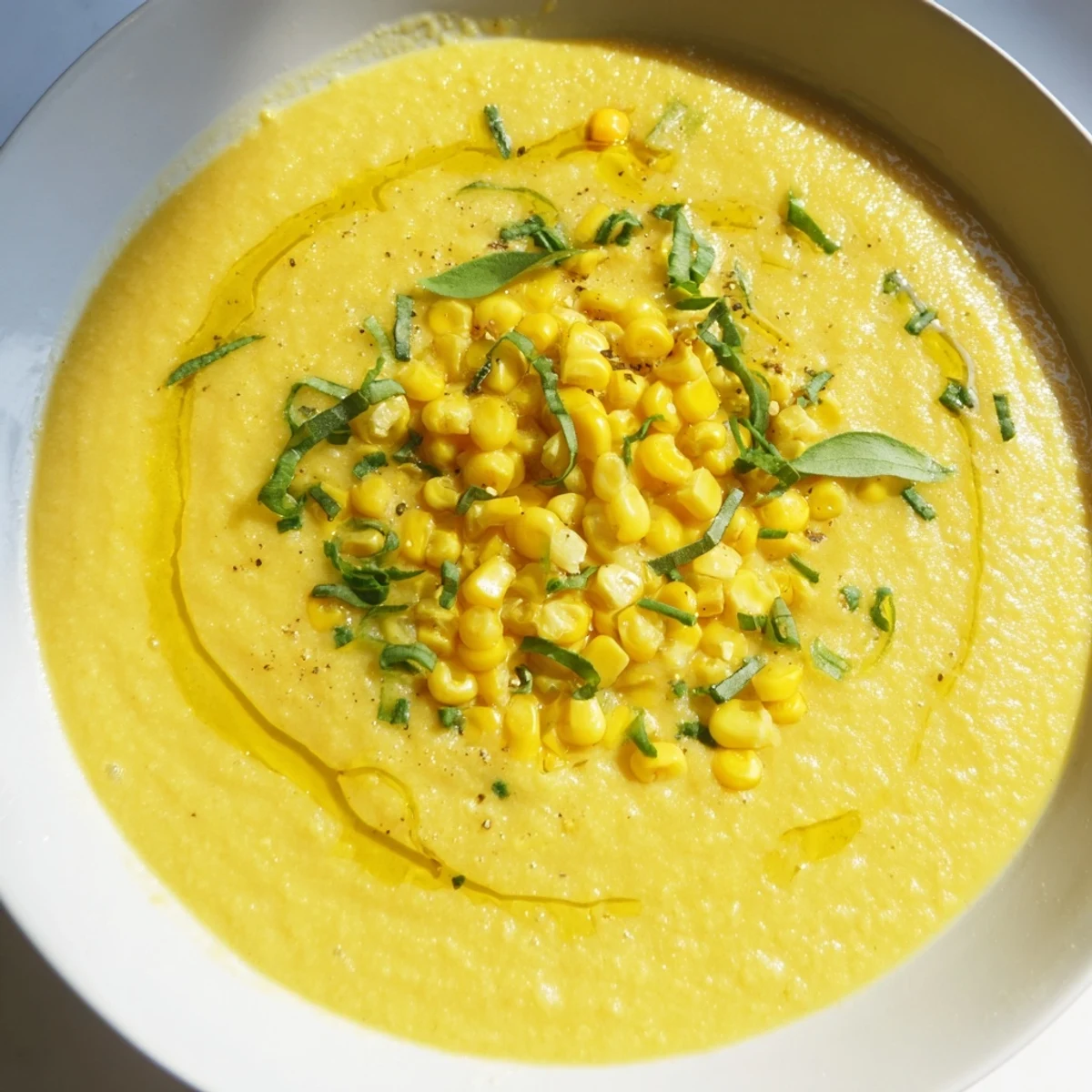 Creamy summer sweet corn gazpacho topped with fresh basil and golden corn kernels