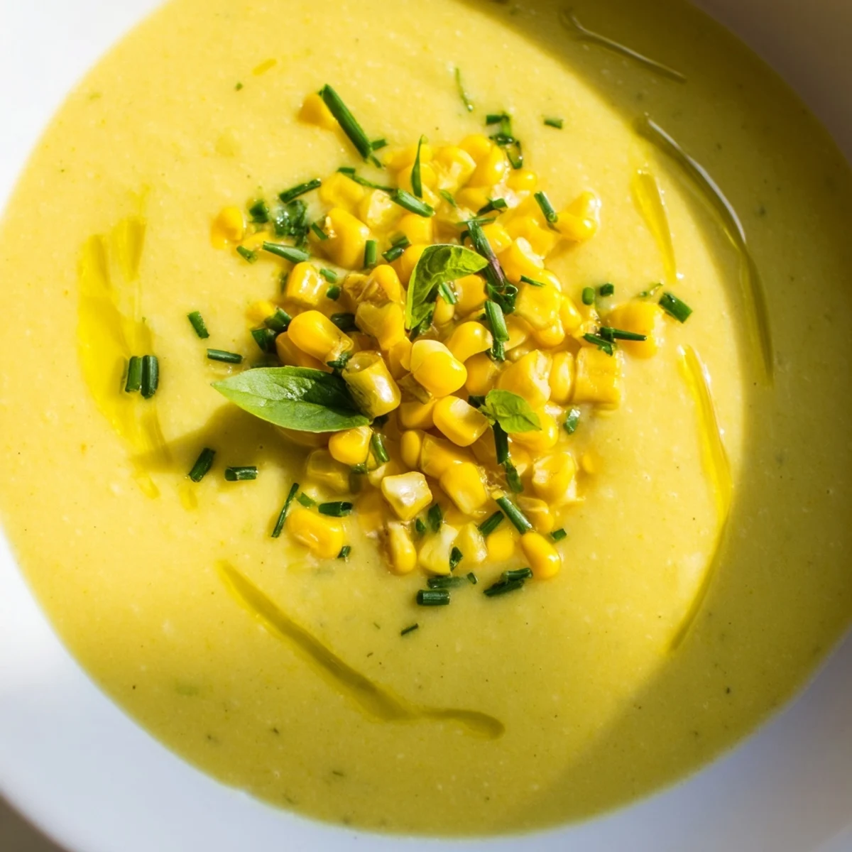 Vibrant yellow summer sweet corn gazpacho served cold with herbs and crunchy garnishes
