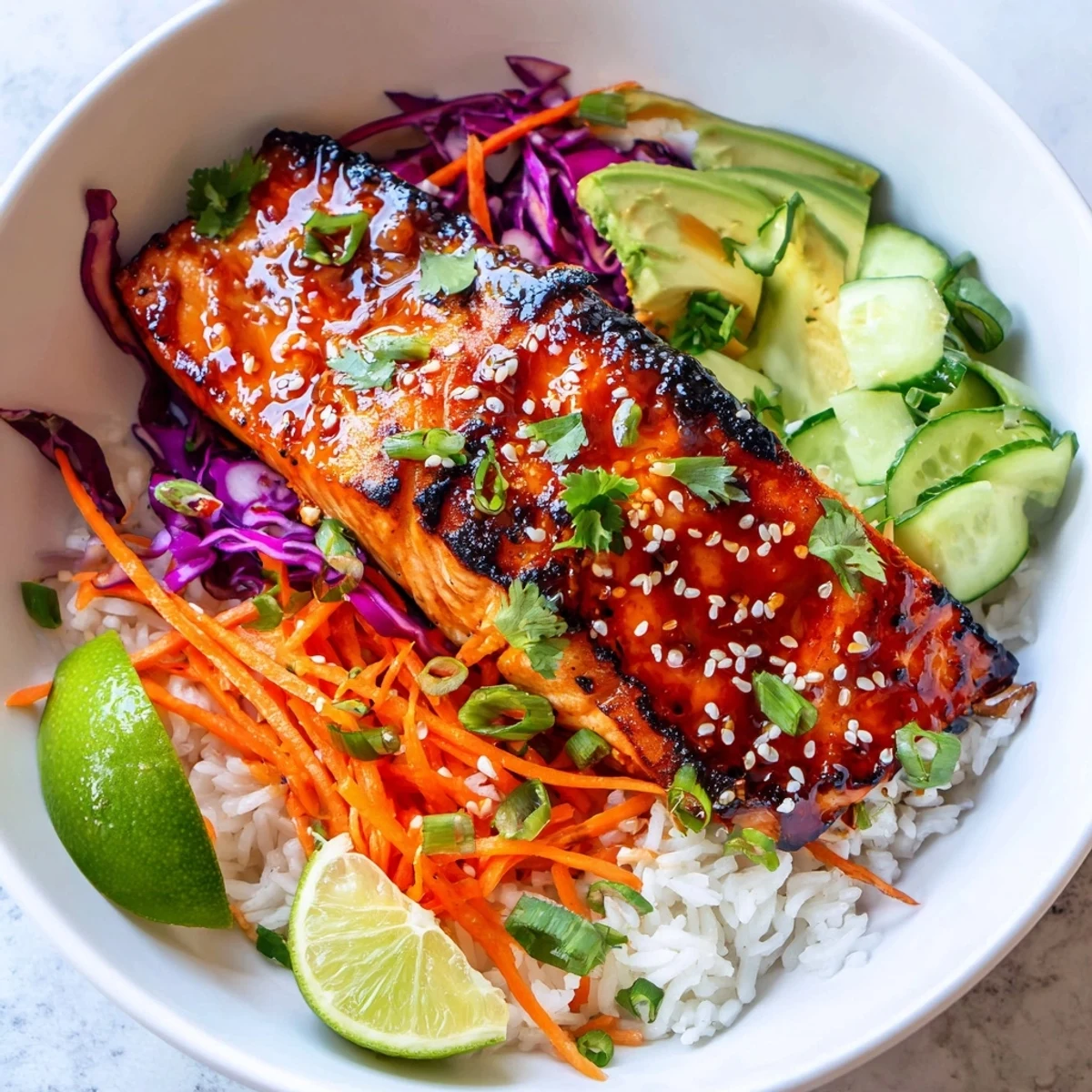 Tender sriracha honey glazed salmon bowls served over steamed rice with colorful julienned veggies