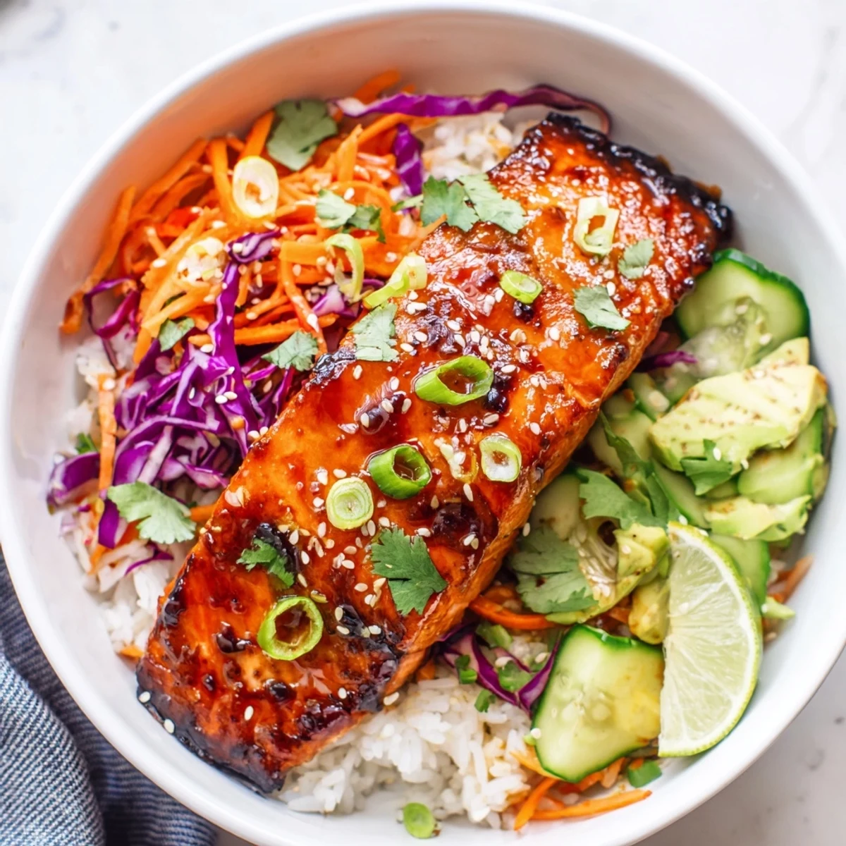 Golden sriracha honey glazed salmon bowls drizzled with spicy sweet sauce and fresh avocado