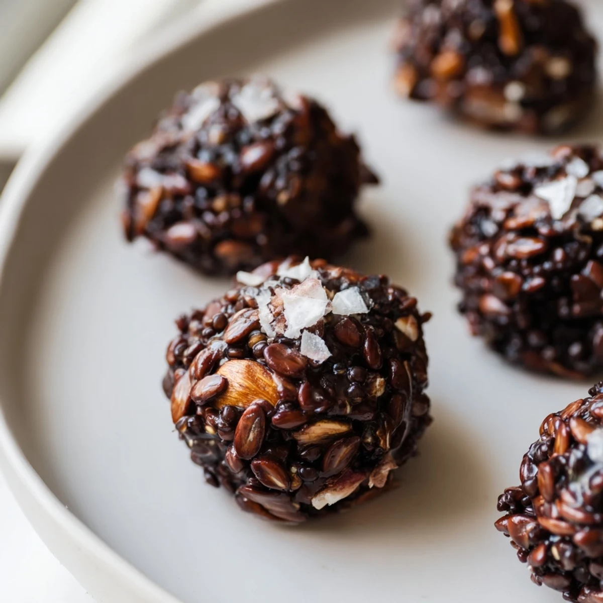 Chocolate Quinoa Crunch Bites arranged on parchment with a sprinkle of sea salt