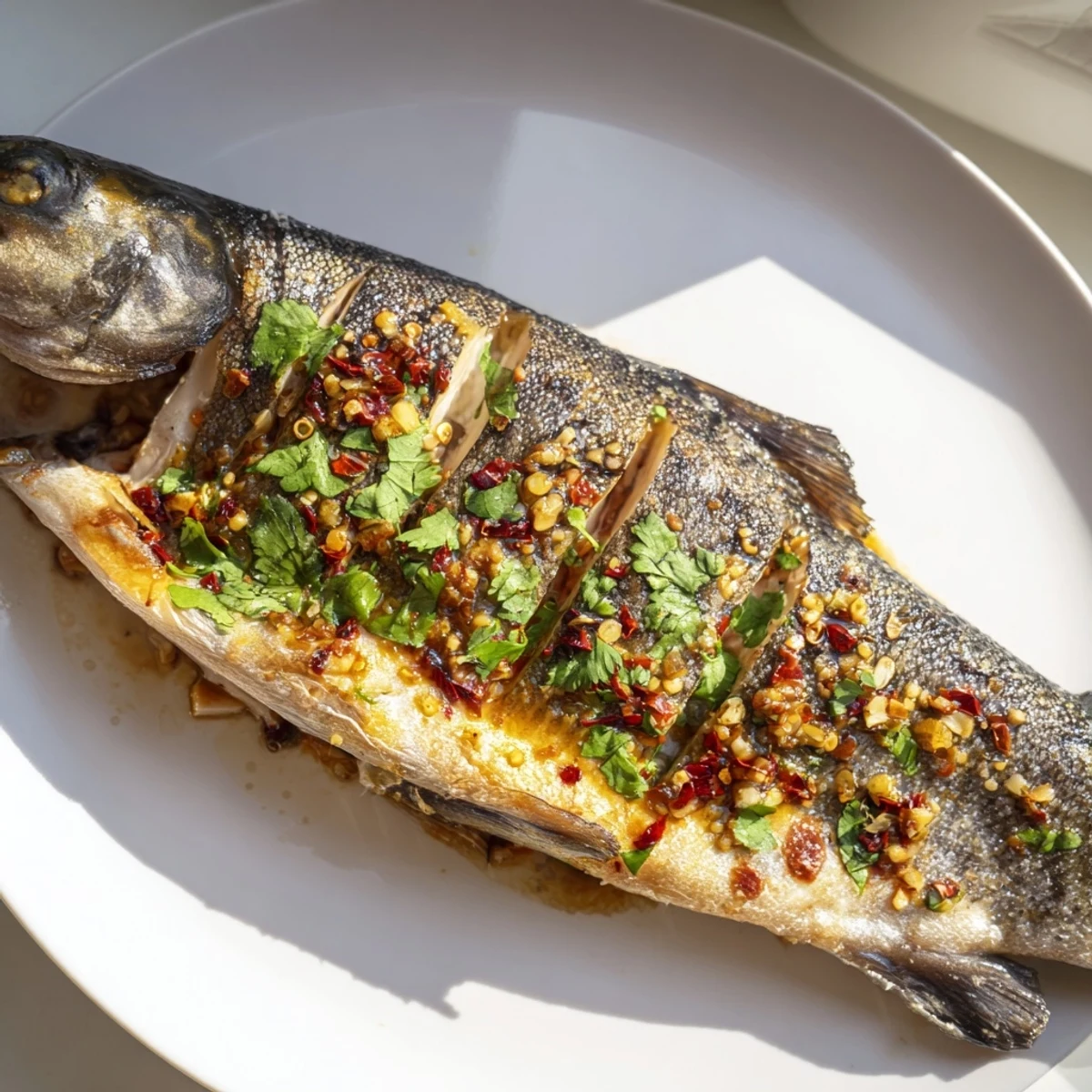 Golden Chili Lime Baked Trout with crispy skin and bright cilantro garnish on a white plate