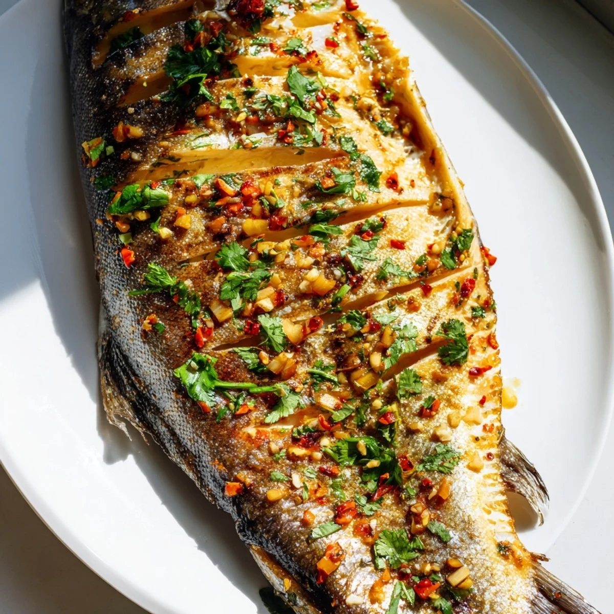 Juicy Chili Lime Baked Trout garnished with fresh lime wedges and vibrant green cilantro