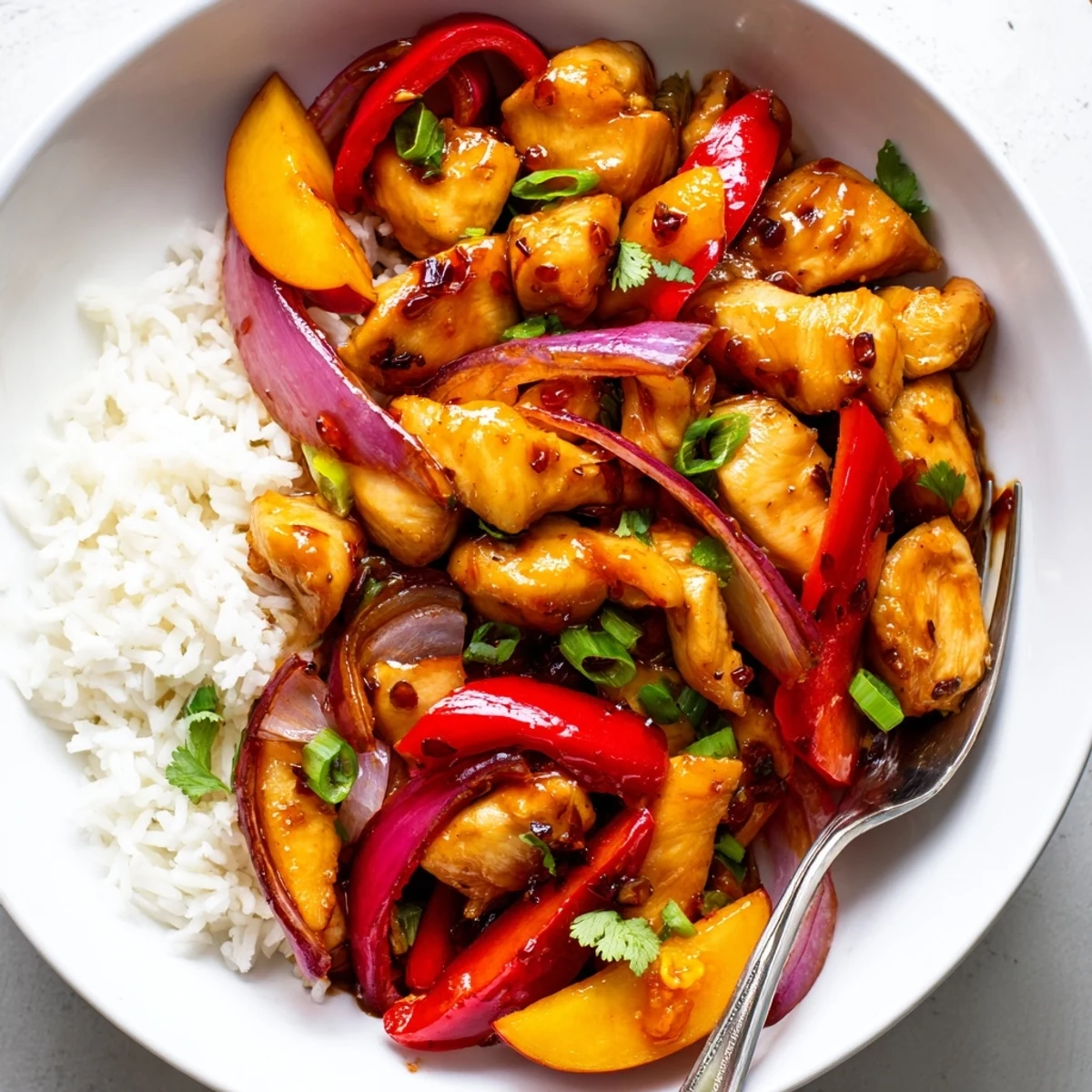 Golden Thai Peach Chicken topped with fresh cilantro over a bed of jasmine rice.