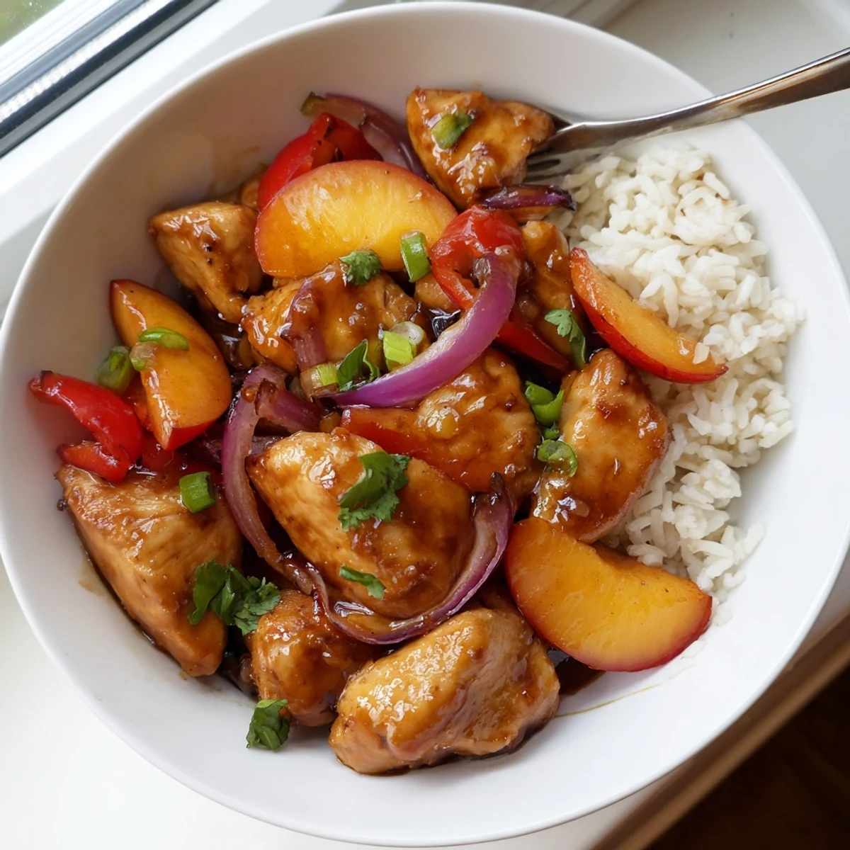 Sizzling Thai Peach Chicken with sweet peach slices and vibrant bell peppers in wok.