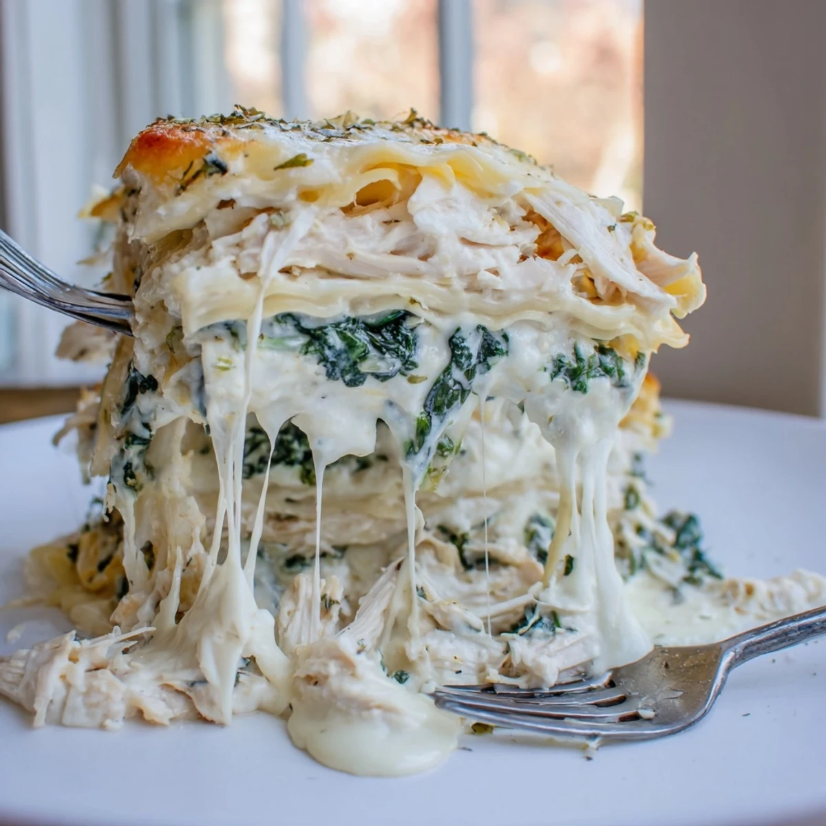 Golden bubbly white chicken lasagna with melted mozzarella and fresh spinach layers