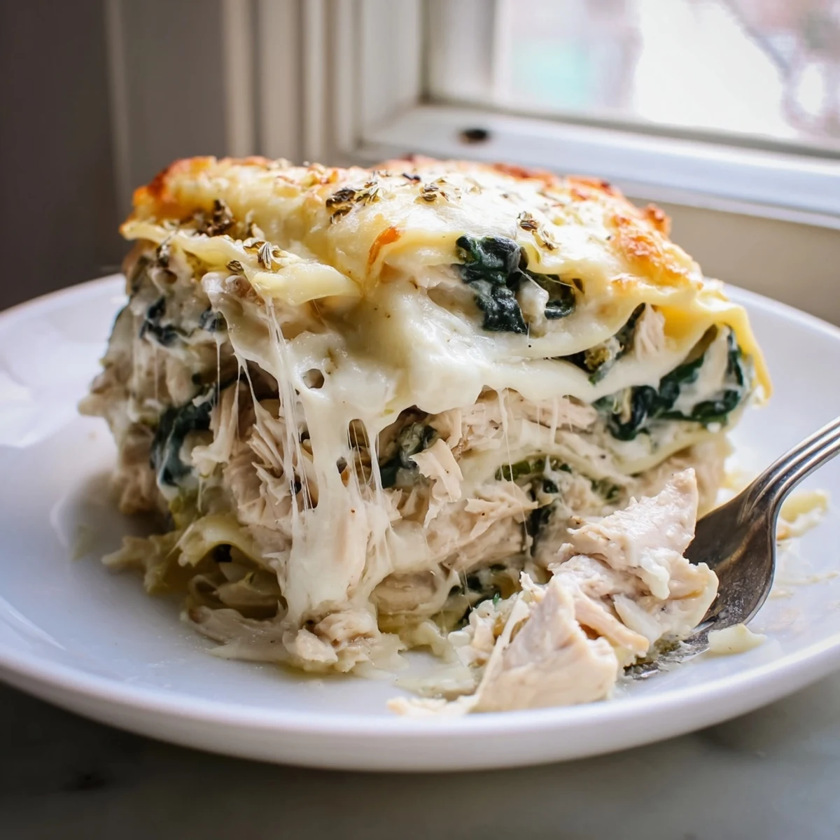 Creamy white chicken lasagna sliced into squares revealing tender chicken and ricotta