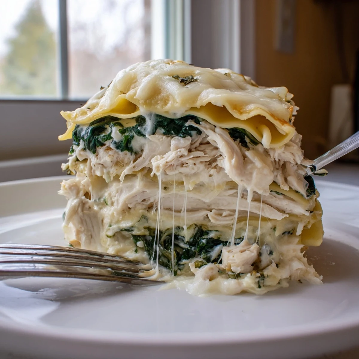 Steaming white chicken lasagna topped with crispy Parmesan in a rustic baking dish