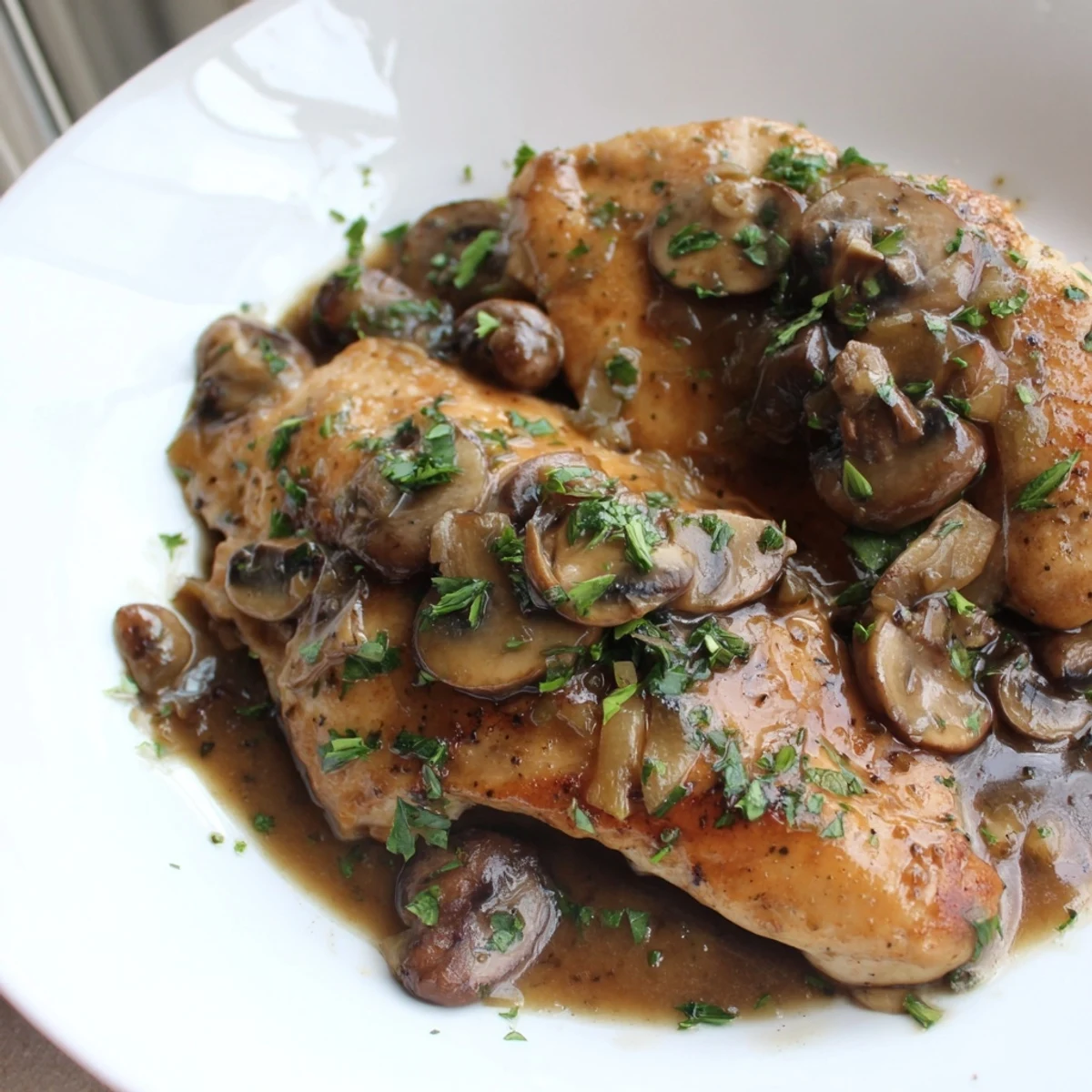 Golden dairy free chicken Marsala smothered in rich mushroom wine sauce on a white plate