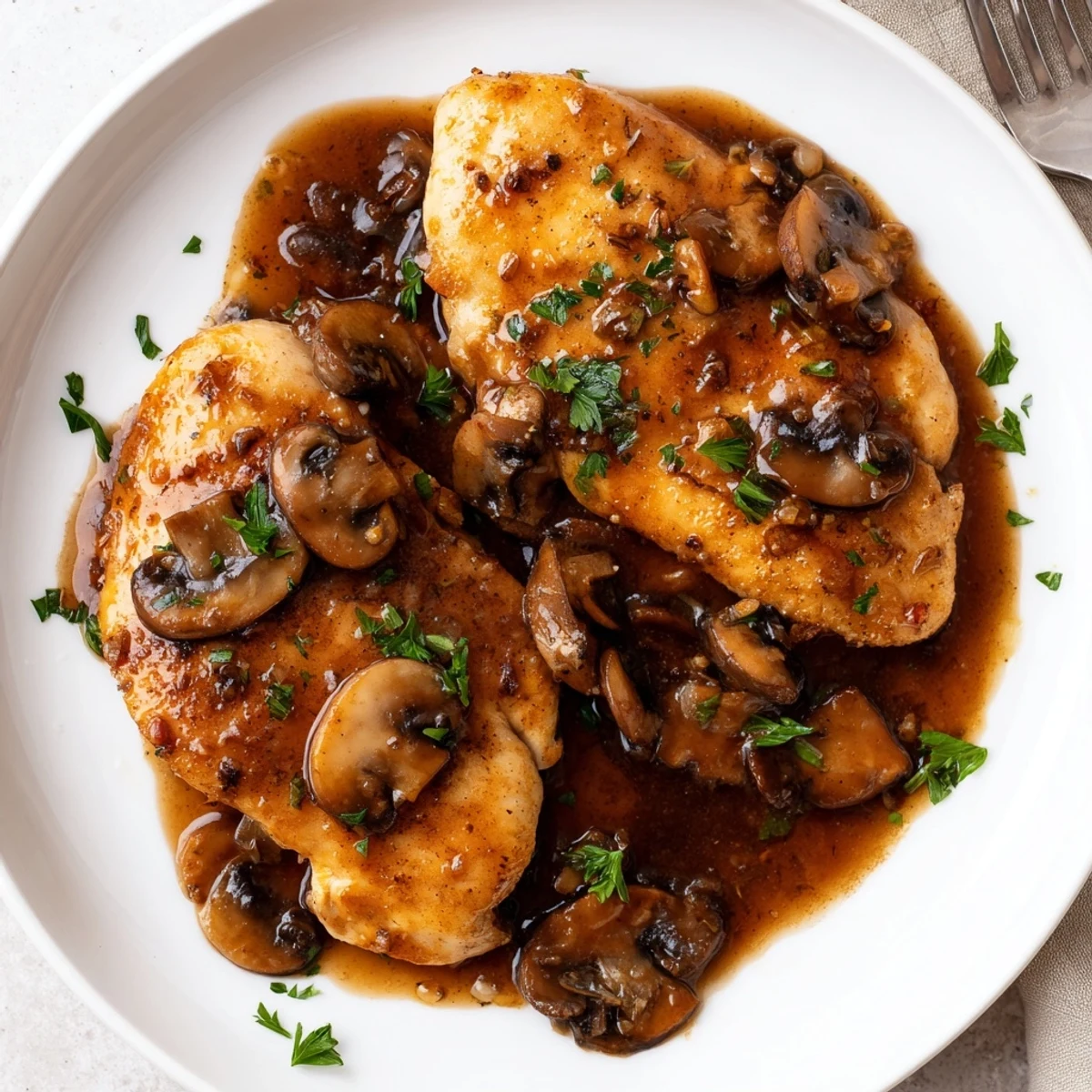 Tender pan-seared chicken Marsala with caramelized cremini mushrooms in glossy dairy-free sauce