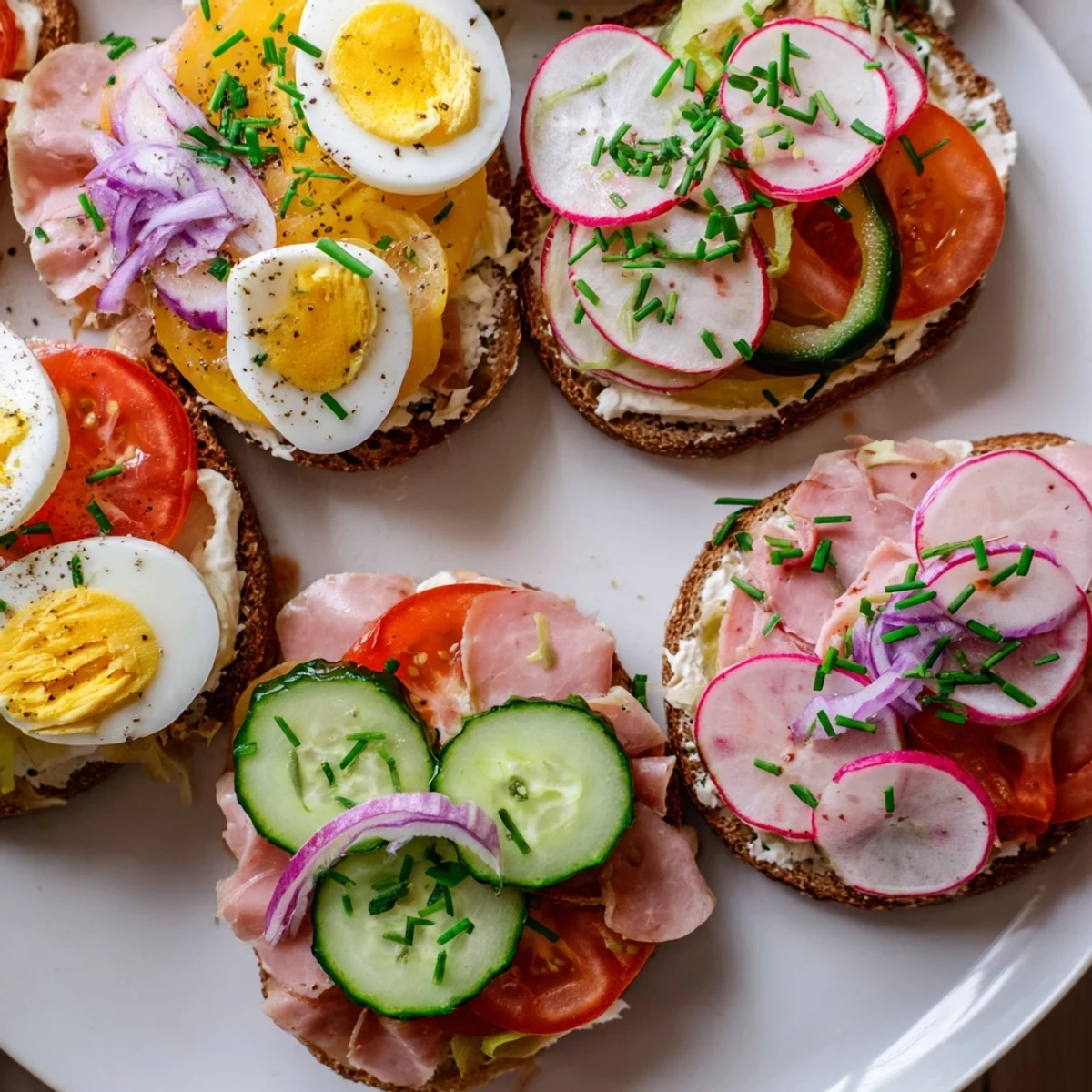 Open Faced Polish Sandwiches topped with pickles, radishes, and fresh chives on rye