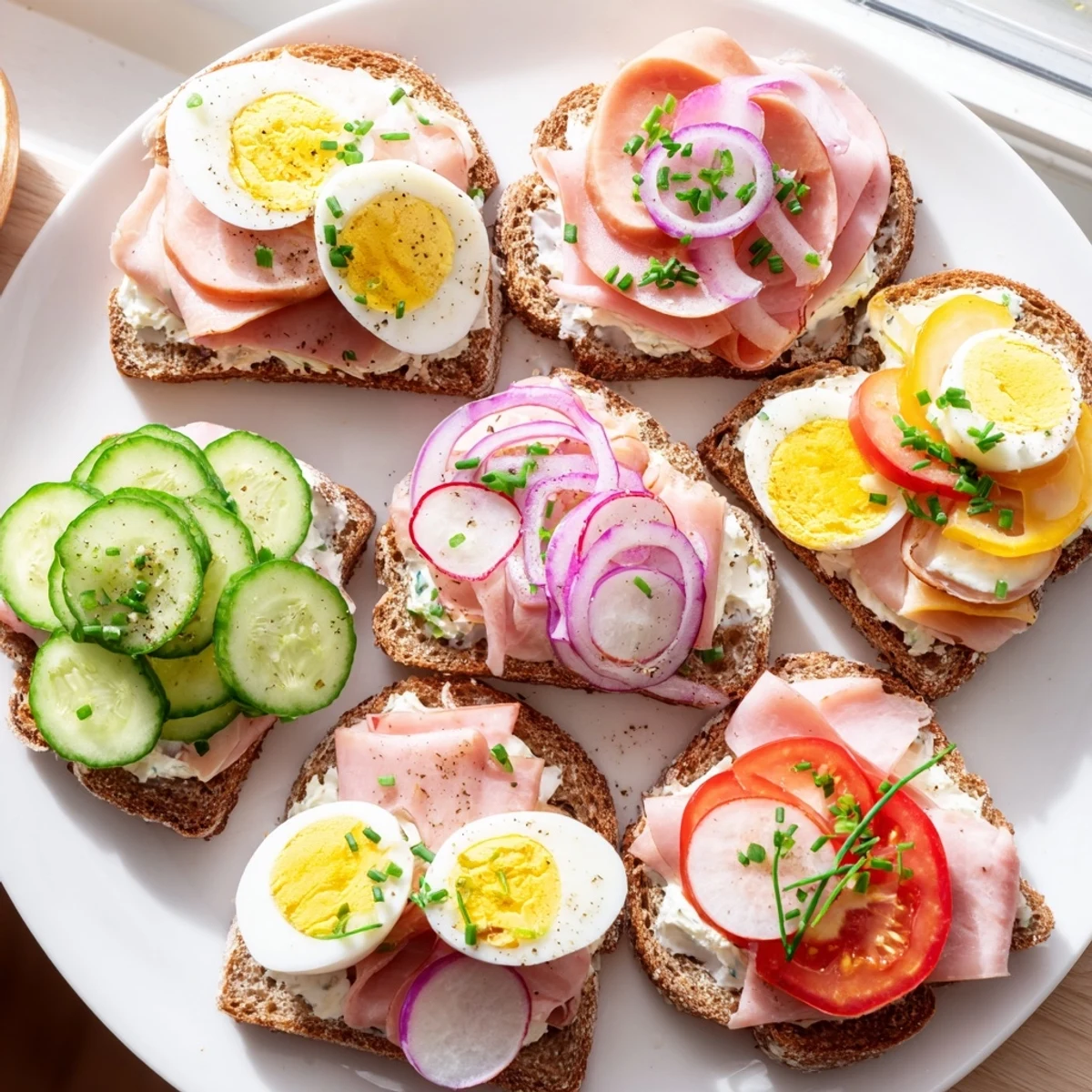 Buttered rye bread layered with kielbasa, tomato, and herbs for these Polish open-faced sandwiches