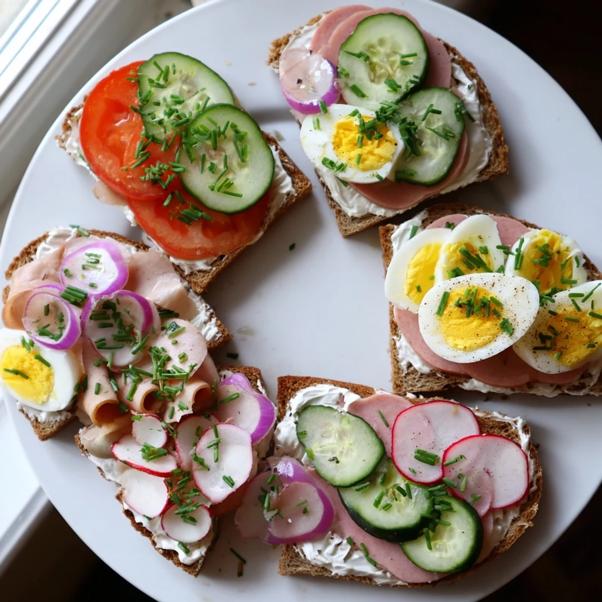Colorful kanapki arranged on a platter with ham, egg, and cucumber slices