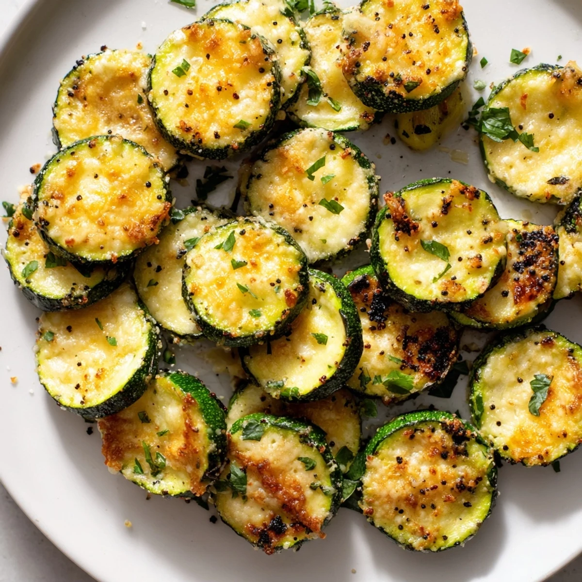Golden roasted Lemon Pepper and Parmesan Zucchini slices with melted cheese on a baking sheet.