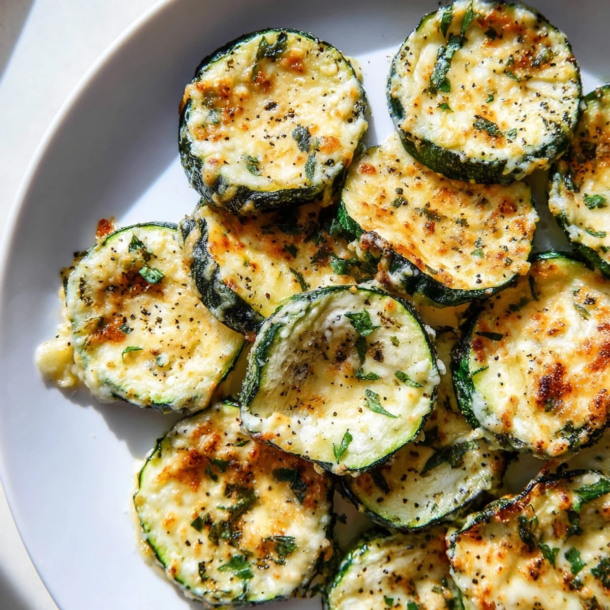 Tender zucchini rounds topped with Parmesan and lemon pepper served on a white platter.