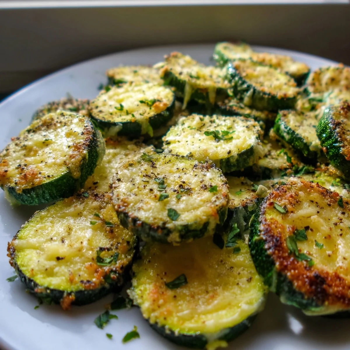 Crispy Lemon Pepper and Parmesan Zucchini garnished with fresh parsley in a cast iron skillet.