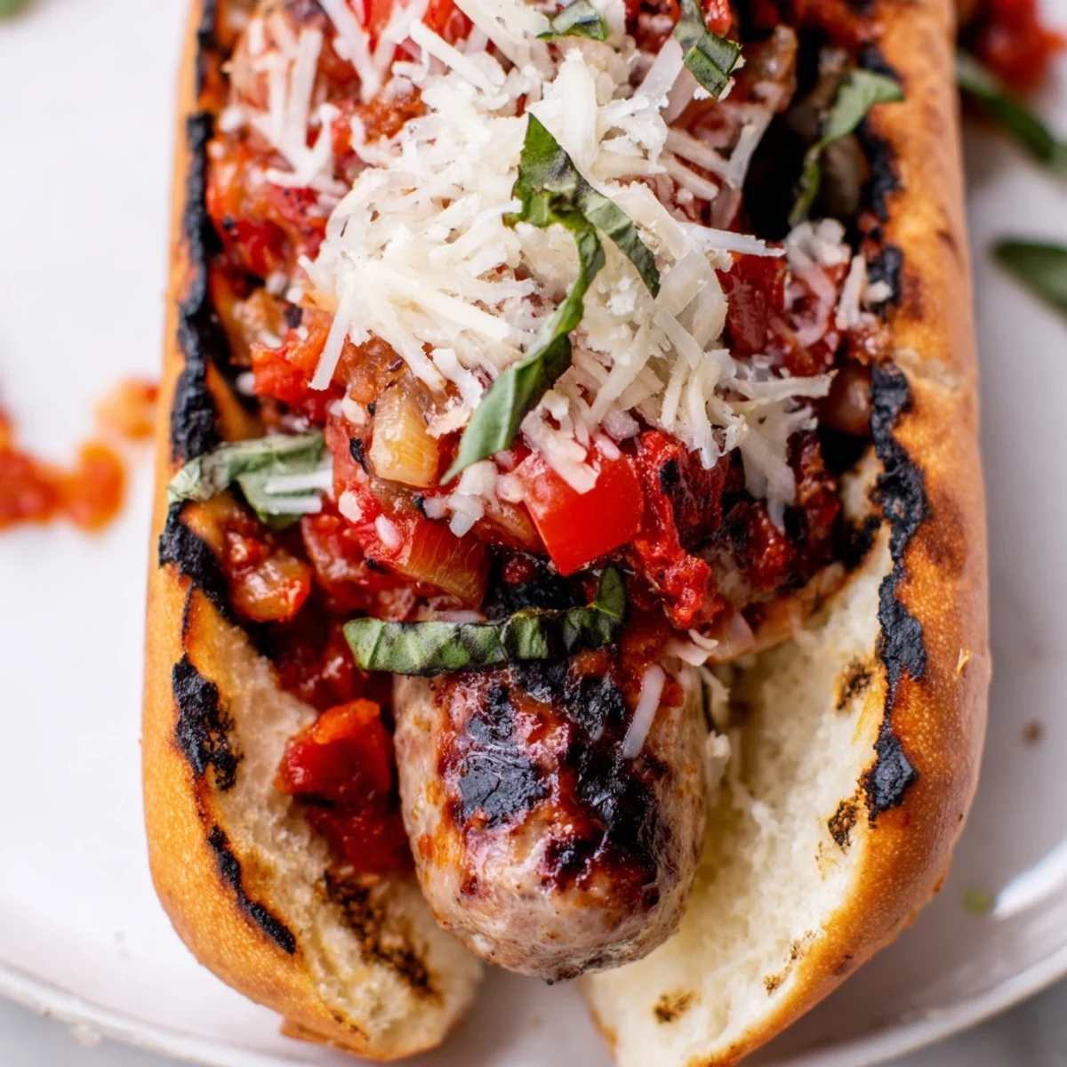Smoky grilled sausage grinders piled with charred tomato sauce on toasted rolls