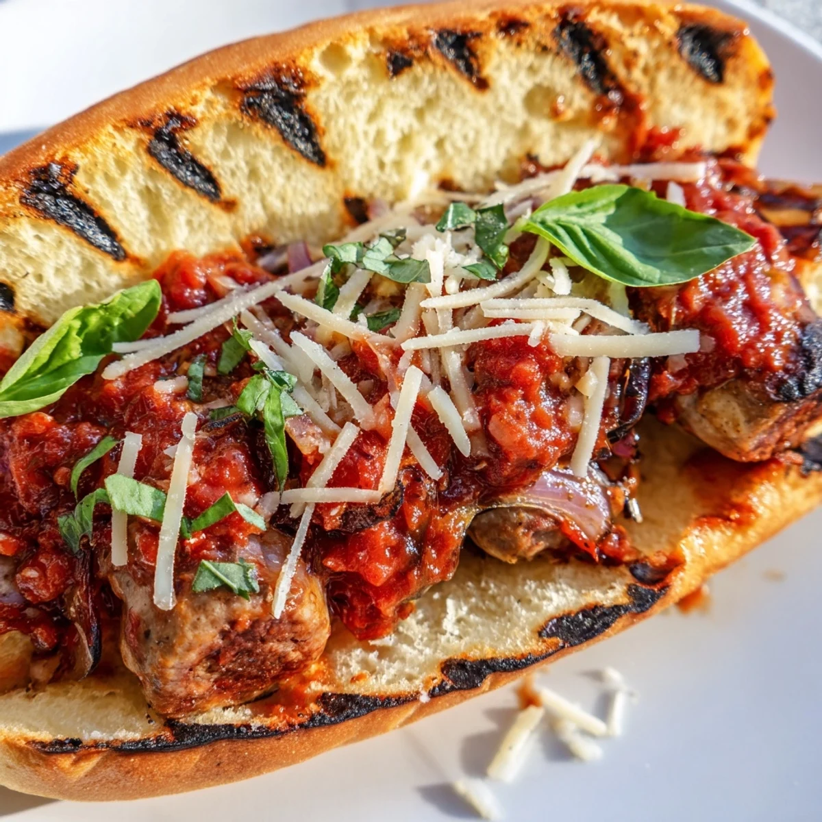 Crispy grilled sausage grinders loaded with robust tomato sauce and fresh basil