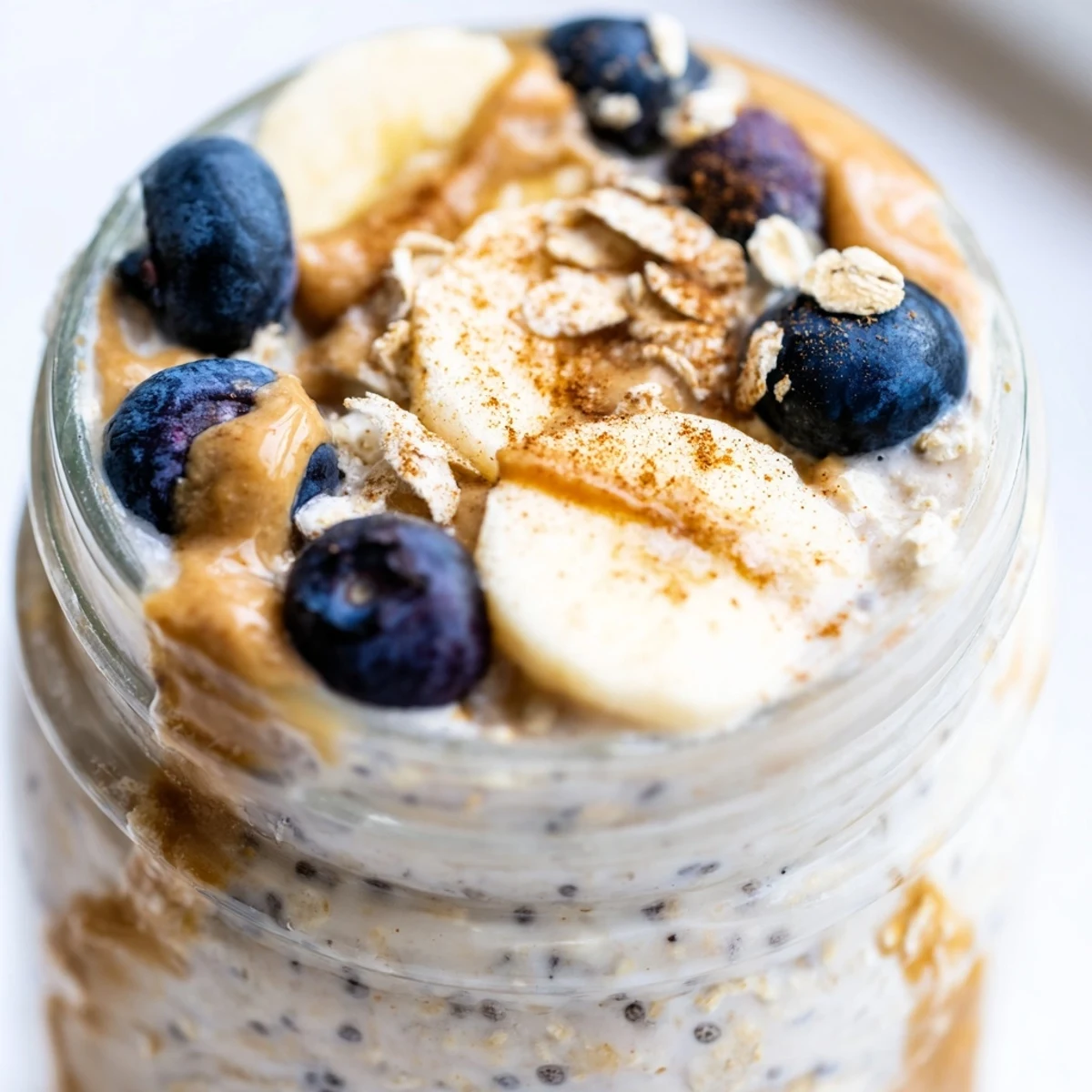 Creamy protein overnight oats topped with fresh berries in a glass jar