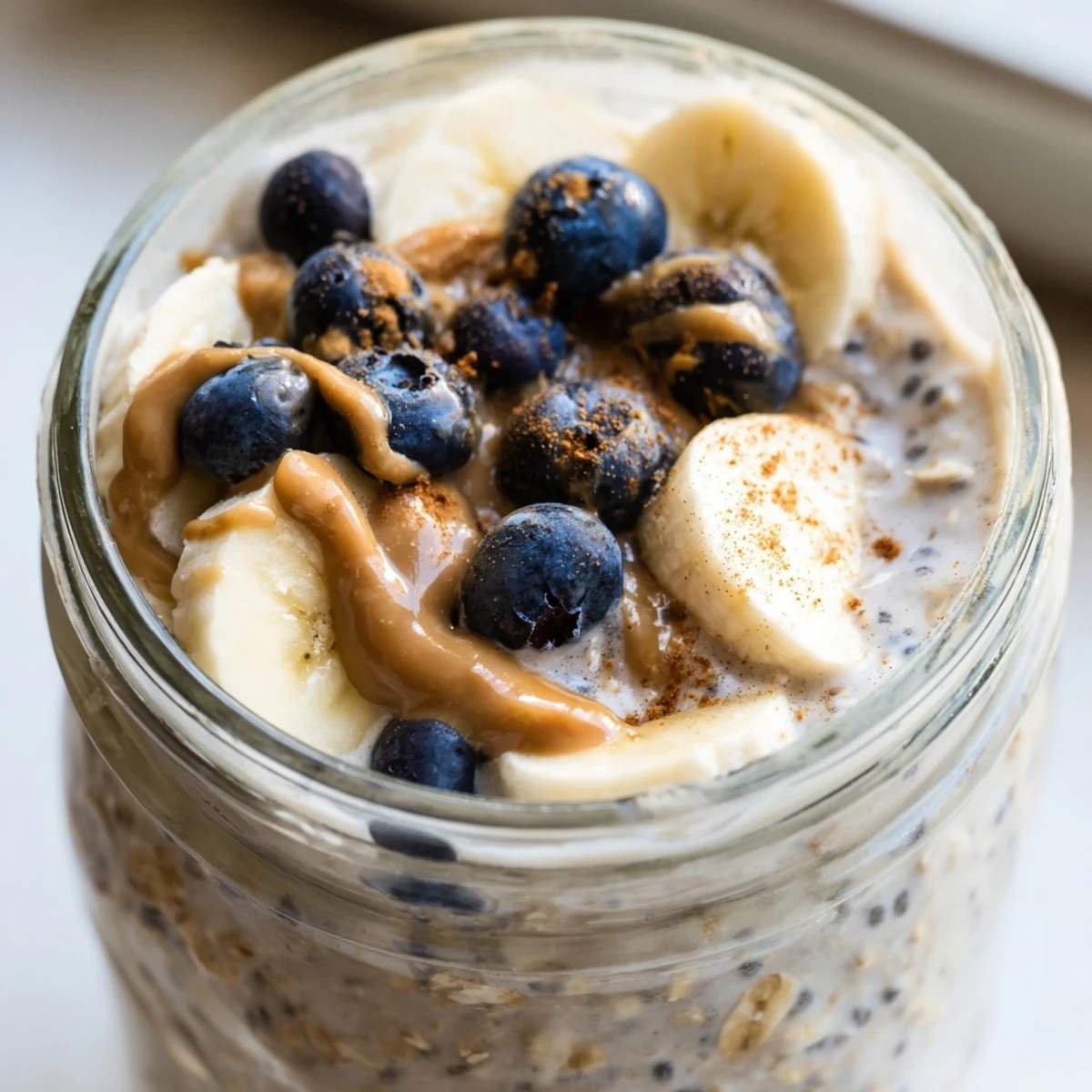 Vanilla protein overnight oats served cold with a nut butter drizzle