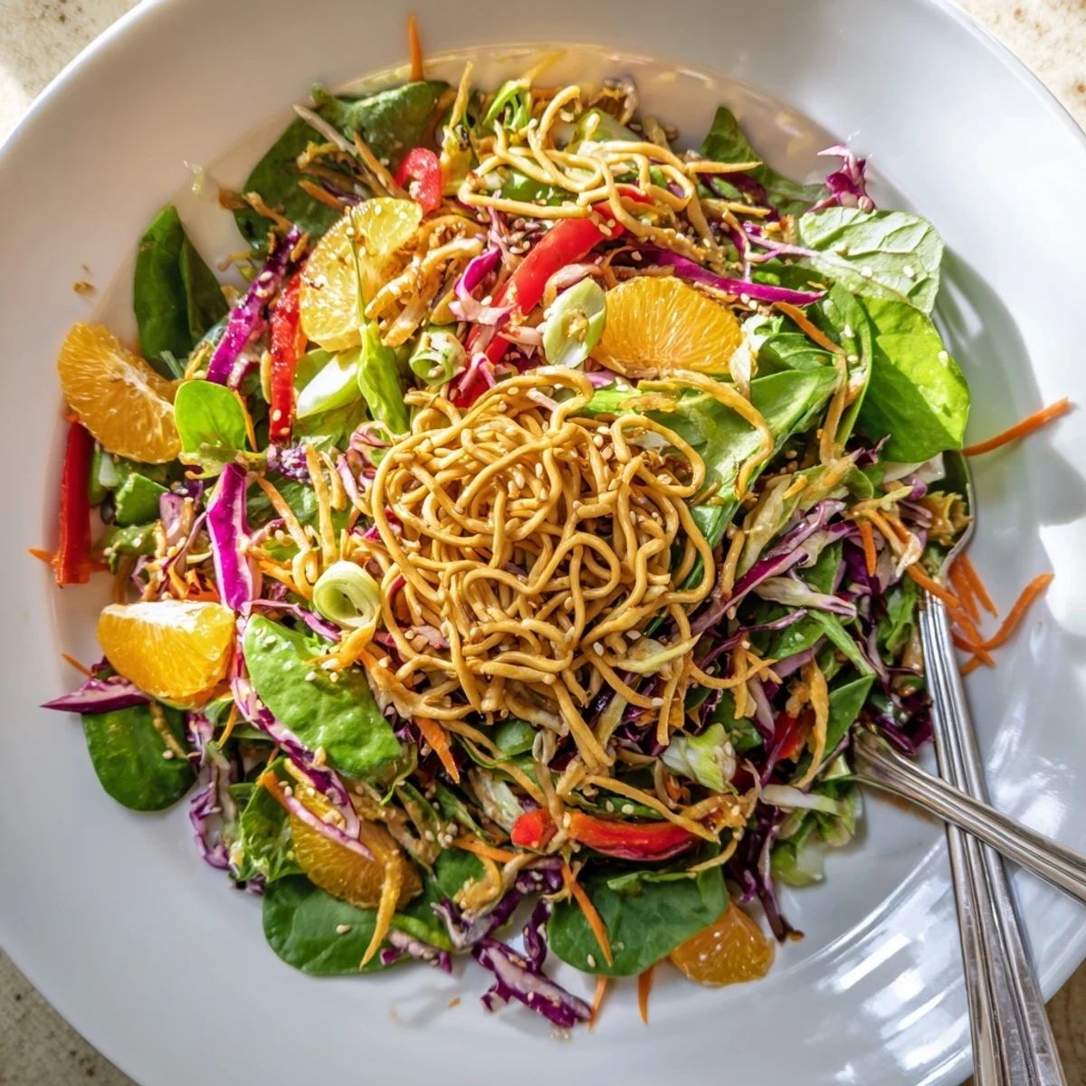 Crisp Mandarin Sesame Crunch Salad dressed in tangy sesame ginger vinaigrette on a rustic plate