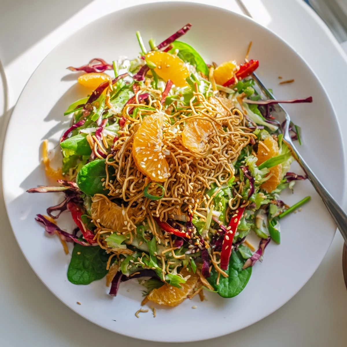 Fresh Mandarin Sesame Crunch Salad featuring shredded cabbage, bright bell peppers, and a crunchy almond topping