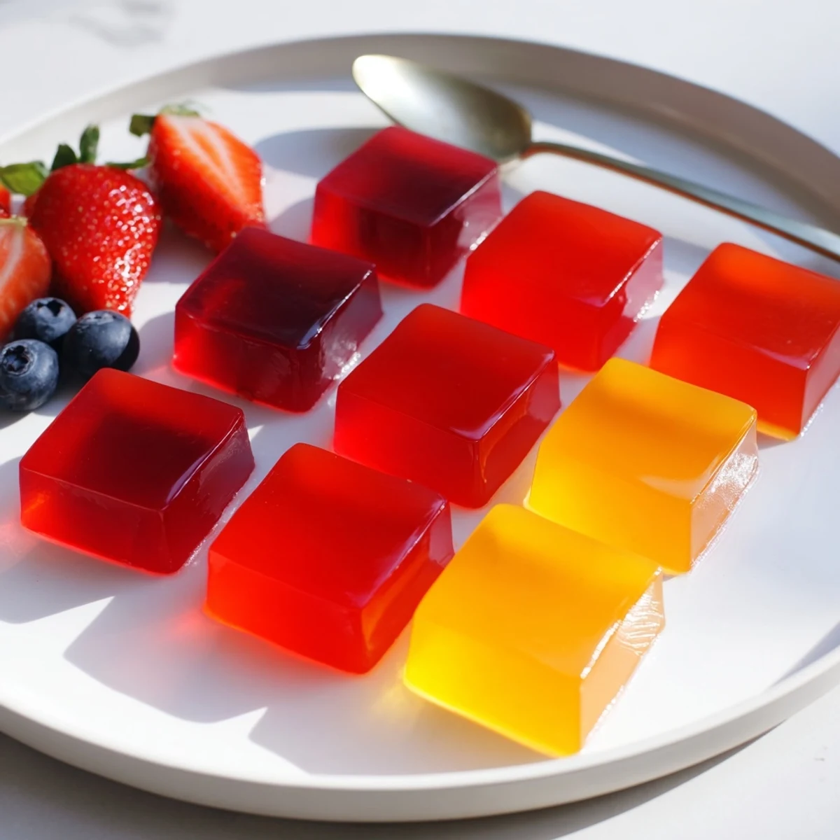Sparkling homemade collagen fruit jellies topped with fresh berries in silicone molds
