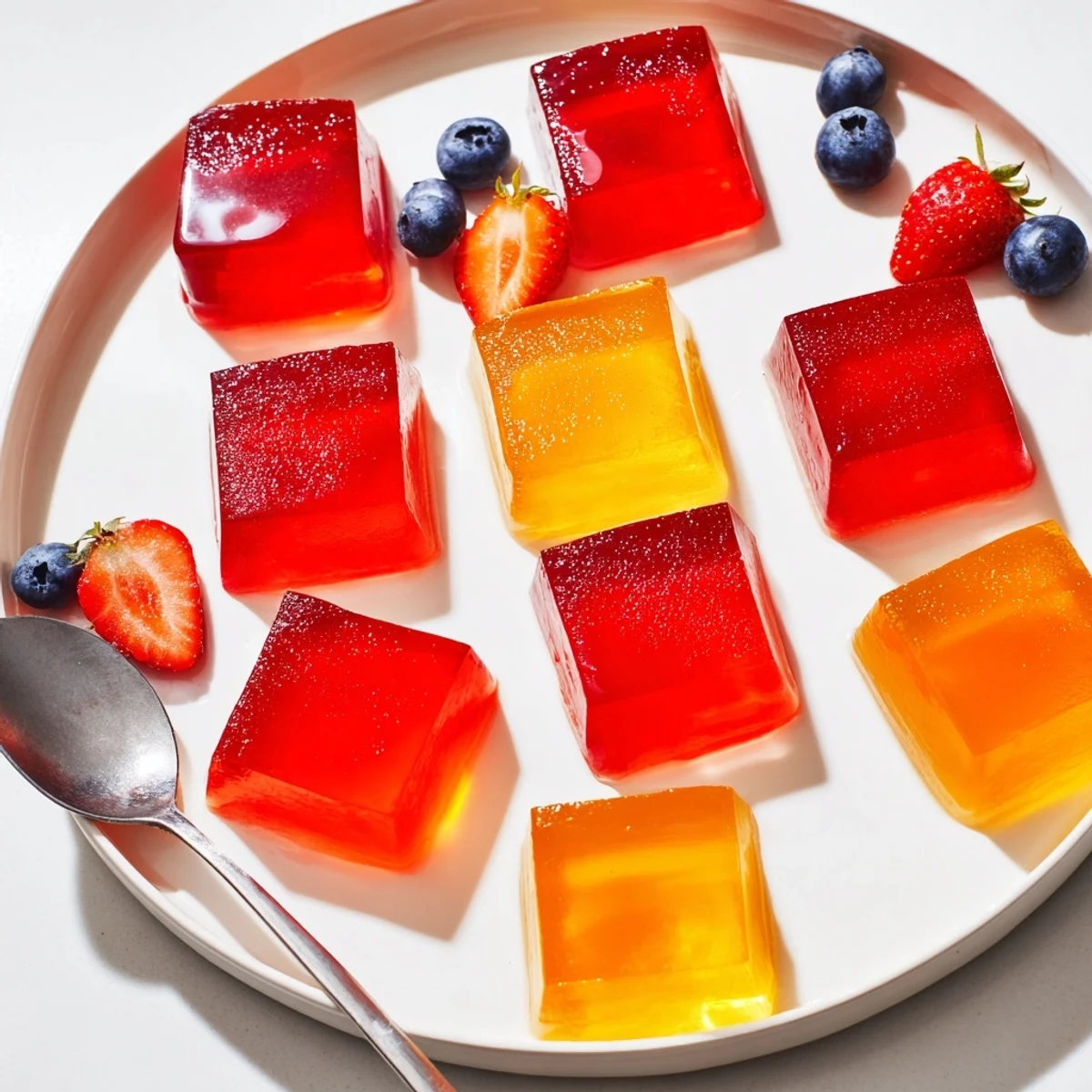 Glistening collagen fruit jellies in vibrant jewel-toned colors sitting on a white plate