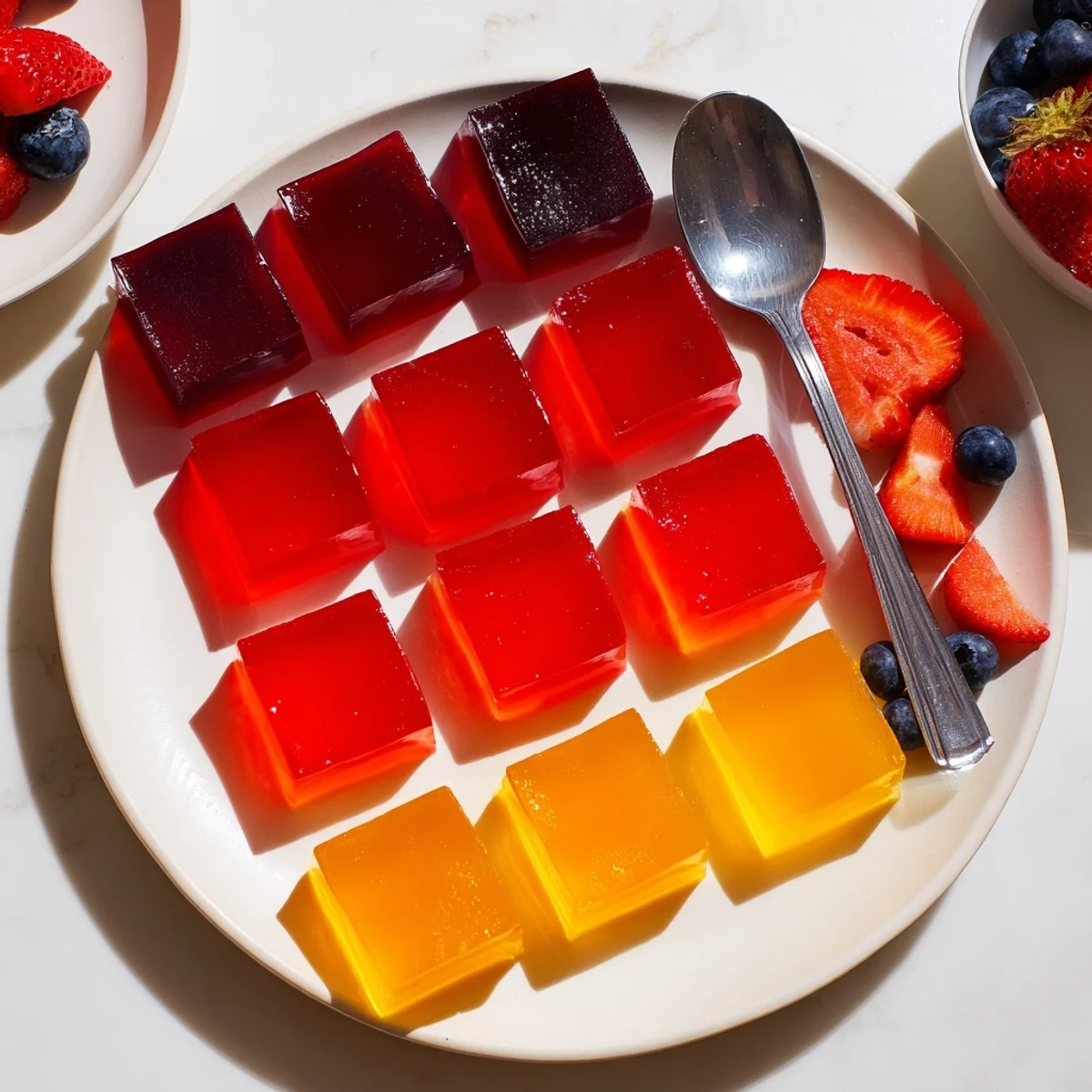 Translucent collagen fruit jellies cut into neat squares dusted with citrus zest