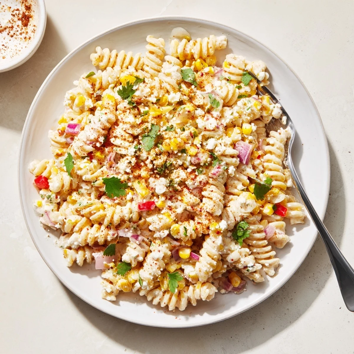 Elote street corn pasta salad topped with crumbled Cotija cheese and fresh cilantro