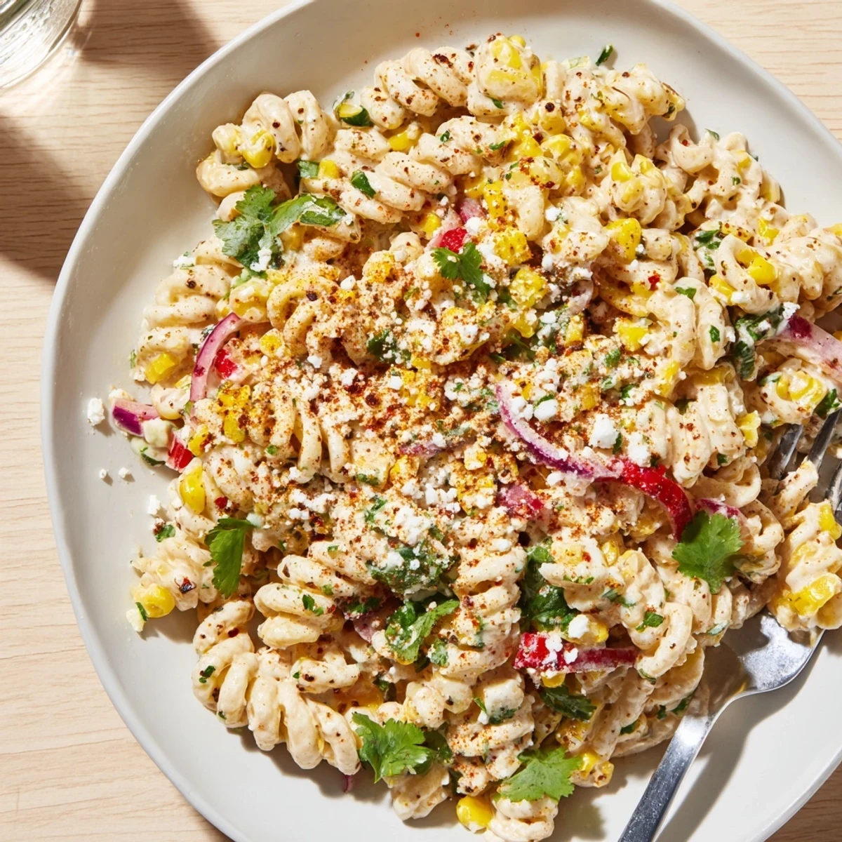 Zesty elote street corn pasta salad served in a bowl with lime wedges