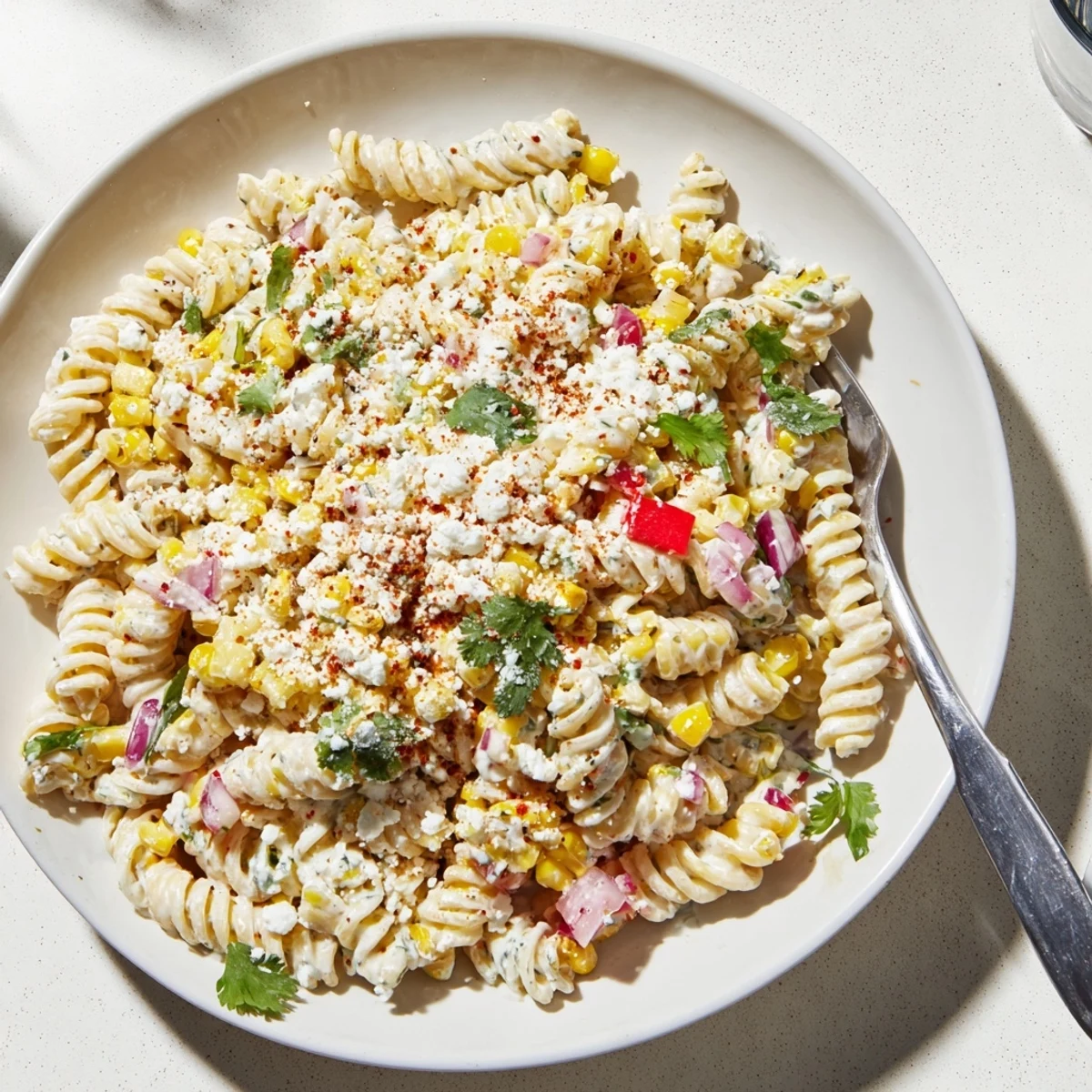 Creamy elote street corn pasta salad loaded with charred corn and colorful peppers