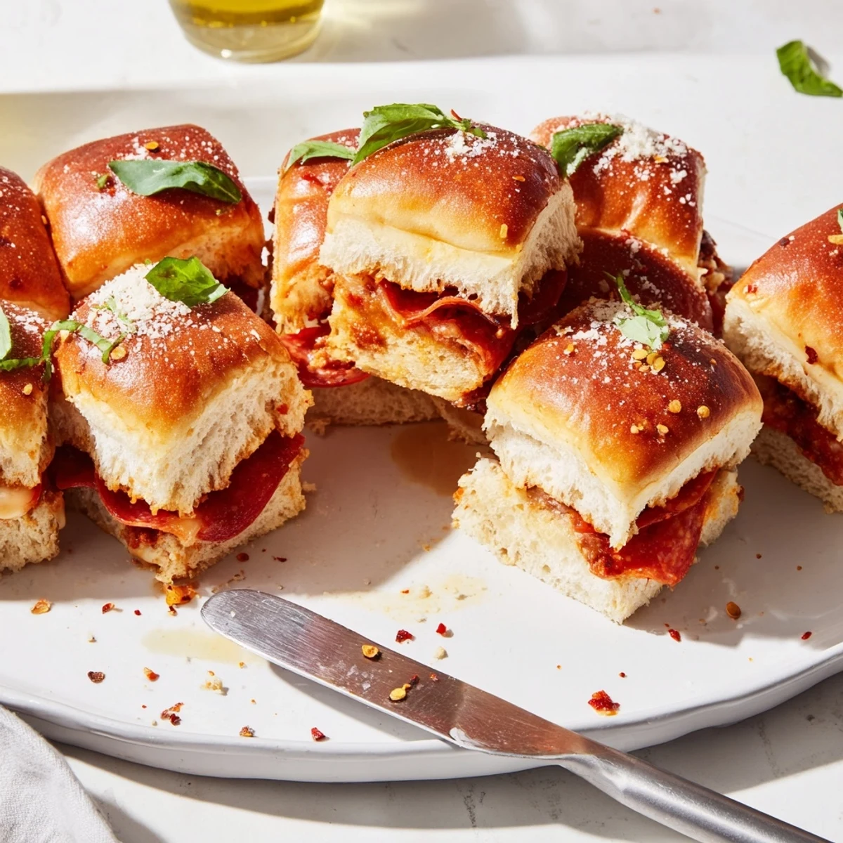 Golden hot honey pepperoni pizza sliders fresh from the oven with gooey melted cheese