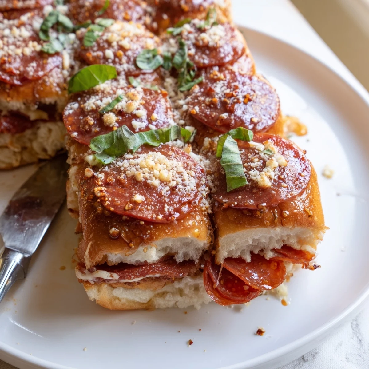 Hot honey pepperoni pizza sliders piled with spicy pepperoni and bubbling mozzarella on soft rolls