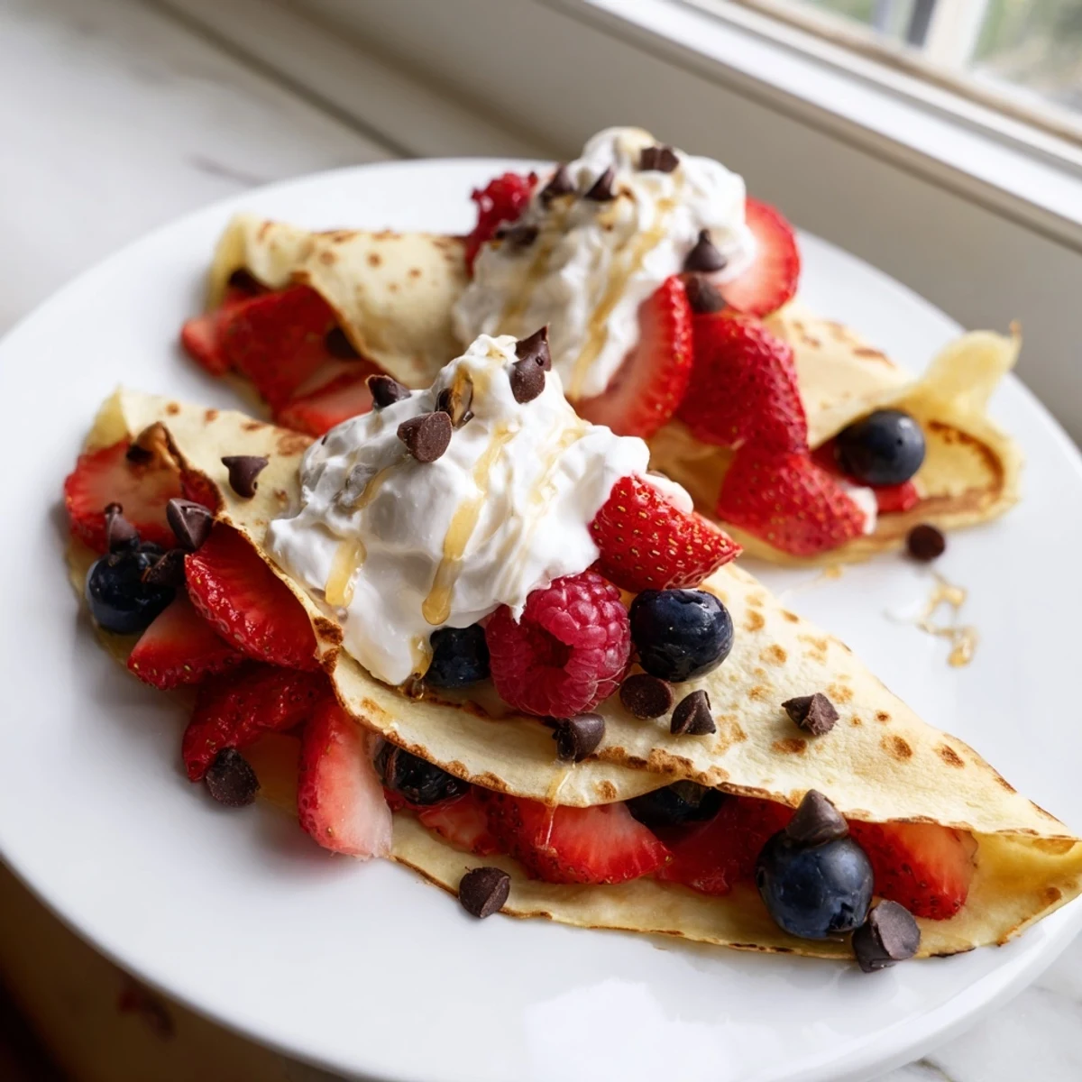 Golden pancake tacos filled with fresh berries and drizzled maple syrup on a plate